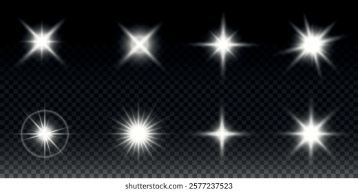 Sparkling stars, twinkling and flashing lights. Collection of various light effects on a black background. Realistic vector graphics