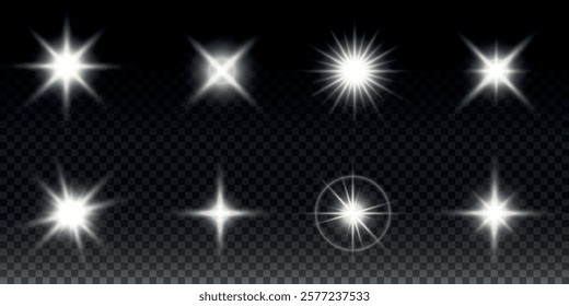 Sparkling stars, twinkling and flashing lights. Collection of various light effects on a black background. Realistic vector graphics