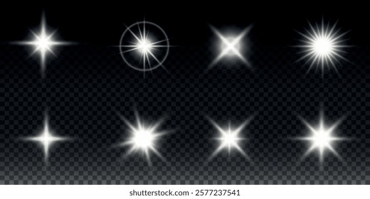 Sparkling stars, twinkling and flashing lights. Collection of various light effects on a black background. Realistic vector graphics