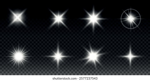 Sparkling stars, twinkling and flashing lights. Collection of various light effects on a black background. Realistic vector graphics