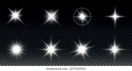 Sparkling stars, twinkling and flashing lights. Collection of various light effects on a black background. Realistic vector graphics