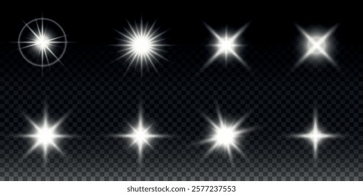 Sparkling stars, twinkling and flashing lights. Collection of various light effects on a black background. Realistic vector graphics