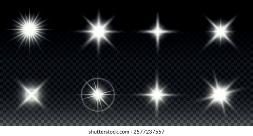 Sparkling stars, twinkling and flashing lights. Collection of various light effects on a black background. Realistic vector graphics