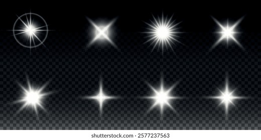 Sparkling stars, twinkling and flashing lights. Collection of various light effects on a black background. Realistic vector graphics