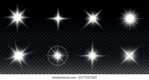 Sparkling stars, twinkling and flashing lights. Collection of various light effects on a black background. Realistic vector graphics
