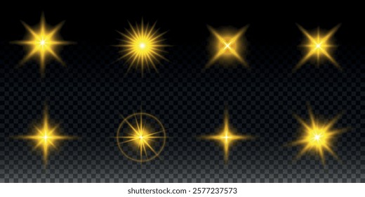 Sparkling stars, twinkling and flashing lights. Collection of various light effects on a black background. Realistic vector graphics