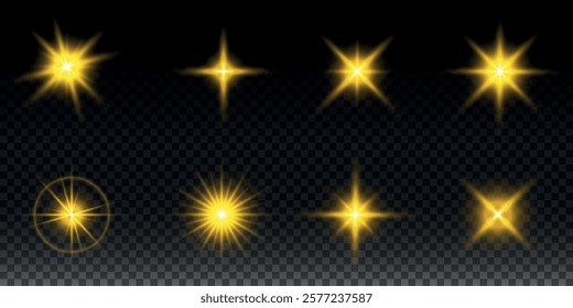 Sparkling stars, twinkling and flashing lights. Collection of various light effects on a black background. Realistic vector graphics