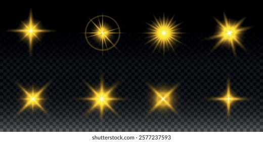 Sparkling stars, twinkling and flashing lights. Collection of various light effects on a black background. Realistic vector graphics