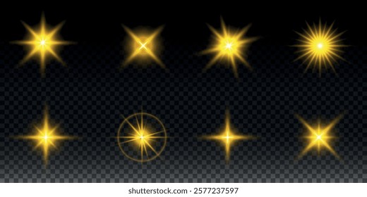 Sparkling stars, twinkling and flashing lights. Collection of various light effects on a black background. Realistic vector graphics