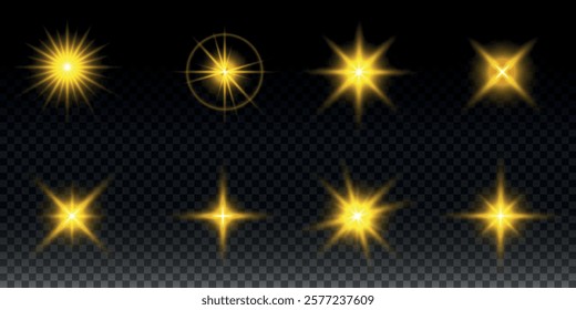 Sparkling stars, twinkling and flashing lights. Collection of various light effects on a black background. Realistic vector graphics