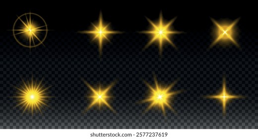 Sparkling stars, twinkling and flashing lights. Collection of various light effects on a black background. Realistic vector graphics