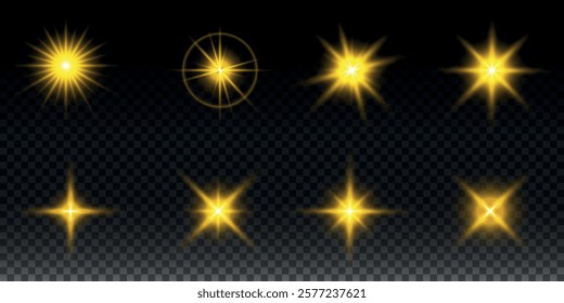 Sparkling stars, twinkling and flashing lights. Collection of various light effects on a black background. Realistic vector graphics