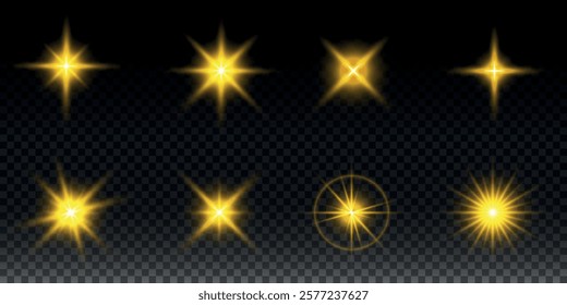 Sparkling stars, twinkling and flashing lights. Collection of various light effects on a black background. Realistic vector graphics