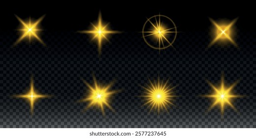 Sparkling stars, twinkling and flashing lights. Collection of various light effects on a black background. Realistic vector graphics
