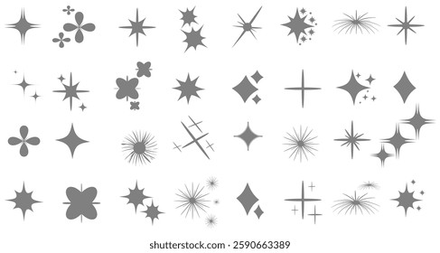 Sparkling stars, vectors sparkling star icon vectors, flickering twinkle, sunburst star shapes collection. Abstract magical light flares, vector star icons vector , isolated on white background. PNG