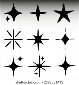 Sparkling stars, vectors sparkling star icon vectors, flickering twinkle, sunburst star shapes collection. Abstract magical light flares, vector star icons vector , isolated on white background. PNG