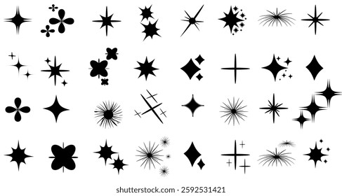 Sparkling stars, vectors sparkling star icon vectors, flickering twinkle, sunburst star shapes collection. Abstract magical light flares, vector star icons vector , isolated on white background. PNG