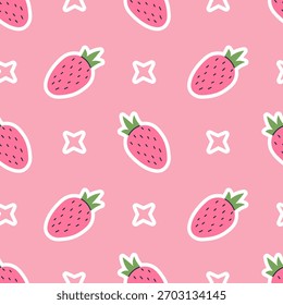Sparkling Strawberry Pink Seamless Pattern. Cute hand drawn fruit background with falling playful berries and stars. Girlish coquette repeat vector illustration