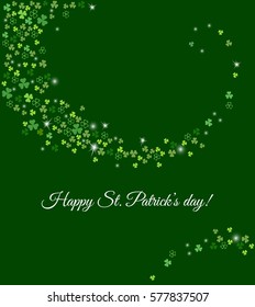 Sparkling stream from clover shamrock leaves isolated on dark green background. Abstract st. Patrick's day background for your greeting cards design. Vector illustration.