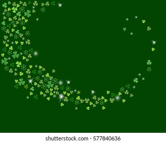 Sparkling stream from clover shamrock leaves isolated on dark green background. Abstract st. Patrick's day background for your greeting cards design. Vector illustration.