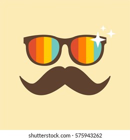 sparkling sun glasses and mustache flat colorful vintage item and icon for logo concept in yellow background