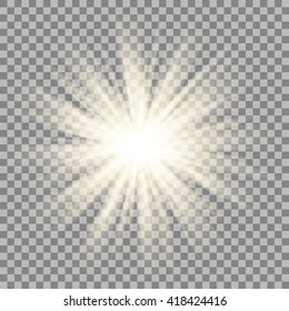 Sparkling sun rays burst with star flare effect on transparent background . Vector.