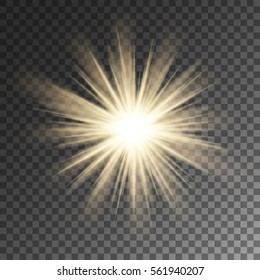 Sparkling sun rays burst star flare on transparent vector background.