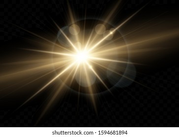 Sparkling sun rays with hot spot and flares with star flare effect on transparent background . Vector.