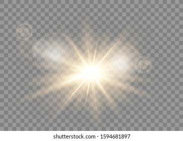 Sparkling sun rays with hot spot and flares with star flare effect on transparent background . Vector.