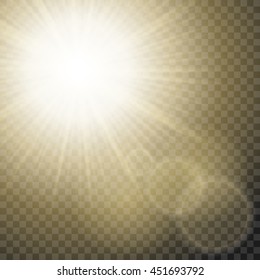 Sparkling sun rays with hot spot and flares with star flare effect on transparent background . Vector.