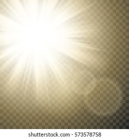 Sparkling sun rays with hot spot and flares with sun flare effect on transparent vector background .