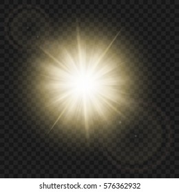 Sparkling sun rays with hot spot and flares with sun flare effect isolated on transparent vector background .