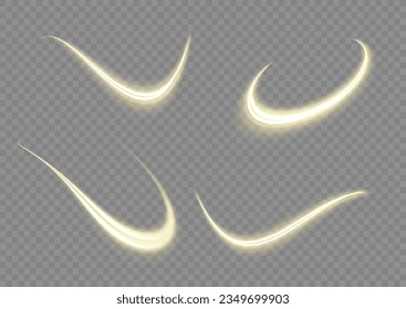 Sparkling swirl with flare sparkle. Glittering trail. Swirling gold neon wavy. Glowing spiral lines effect. Curved line light. Rotating shining waves of speed. Dynamic yellow motion wave twist, vector