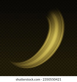 Sparkling swirl with flare sparkle. Glittering trail. Swirling gold neon wavy. Glowing spiral lines effect. Curved line light. Rotating shining waves of speed. Dynamic yellow motion wave twist, vector