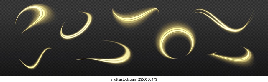 Sparkling swirl with flare sparkle. Glittering trail. Swirling gold neon wavy. Glowing spiral lines effect. Curved line light. Rotating shining waves of speed. Dynamic yellow motion wave twist, vector