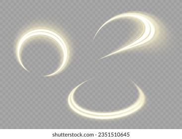 Sparkling swirl with flare sparkle. Glittering trail. Swirling gold neon wavy. Glowing spiral lines effect. Curved line light. Rotating shining waves of speed. Dynamic yellow motion wave twist, vector