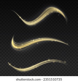 Sparkling swirl with flare sparkle. Glittering trail. Swirling gold neon wavy. Glowing spiral lines effect. Curved line light. Rotating shining waves of speed. Dynamic yellow motion wave twist, vector