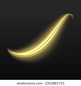 Sparkling swirl with flare sparkle. Glittering trail. Swirling gold neon wavy. Glowing spiral lines effect. Curved line light. Rotating shining waves of speed. Dynamic yellow motion wave twist, vector
