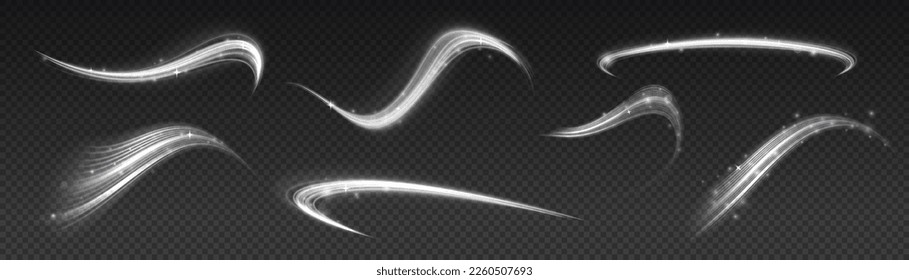 Sparkling swirl with flare sparkle. Swirling glow neon wavy. Dynamic white motion wave twist. Rotating shining waves of speed. Glowing spiral lines effect. Curved line light. Glittering trail, vector