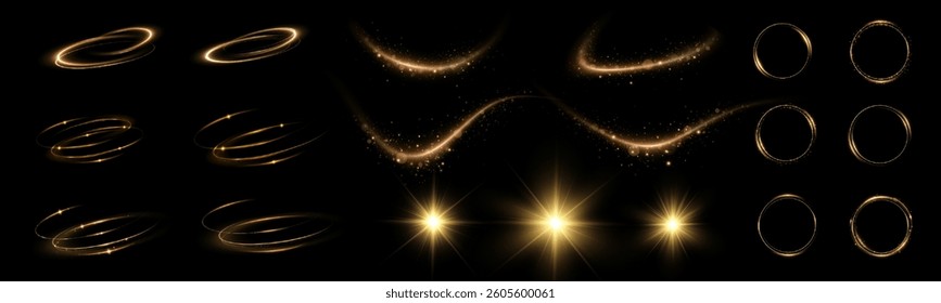Sparkling swirl with a flash of glitter. Sparkling trace. Round frames, sun. Golden neon wavy swirl. Glowing spiral lines effect. Curved linear light. Rotating shining speed waves.