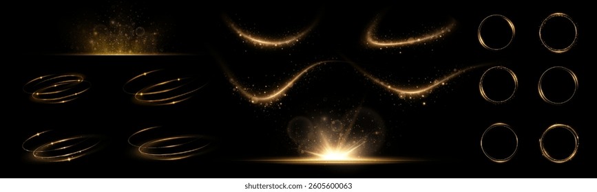 Sparkling swirl with a flash of glitter. Sparkling trace. Round frames, sun. Golden neon wavy swirl. Glowing spiral lines effect. Curved linear light. Rotating shining speed waves.