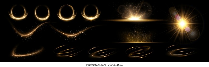 Sparkling swirl with a flash of glitter. Sparkling trace. Round frames, sun. Golden neon wavy swirl. Glowing spiral lines effect. Curved linear light. Rotating shining speed waves.