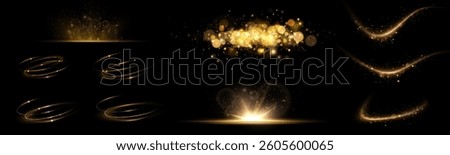 Sparkling swirl with a flash of glitter. Sparkling trace. Round frames, sun. Golden neon wavy swirl. Glowing spiral lines effect. Curved linear light. Rotating shining speed waves.