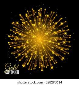 Sparkling texture Stardust sparks in explosion on black background. Festive Gold glitter particles effect. Shiny shape. Shining Motion Luxury Design. Holiday, Card Vector Illustration.