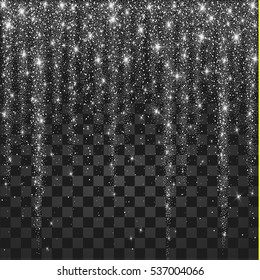 Sparkling texture. Vector festive illustration of falling shiny particles and stars isolated on transparent background. Confetti Glitters. Holiday Decorative tinsel element for Design,