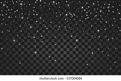 Sparkling texture. Vector festive illustration of falling shiny particles and stars isolated on transparent background. Confetti Glitters. Holiday Decorative tinsel element for Design.