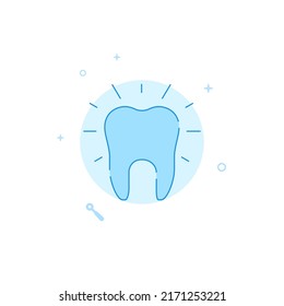 Sparkling tooth vector icon. Flat illustration. Filled line style. Blue monochrome design. Editable stroke. Adjust line weight.