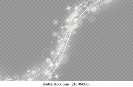 Sparkling trail with bright particles. Sparkling dust star trail with bokeh. Curve flow motion wave white light. Magic glow stars light effect with neon blur curved lines. Glowing spark swirl. Vector 