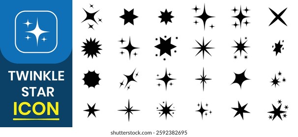 Sparkling twinkle stars icon. Twinkle star shape vector design. Glowing light effect stars and burst, sparkle star, twinkle, shiny flash, abstract shining flash symbol, y2k style. Vector illustration.