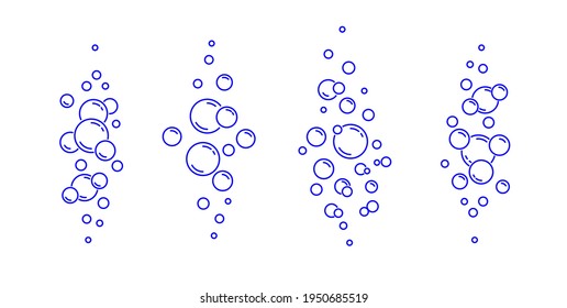 Sparkling underwater fizzing air bubbles streams set isolated. Linear water, sea, aquarium, soda pop, champagne, drink fizzy sparkles texture. Vector.